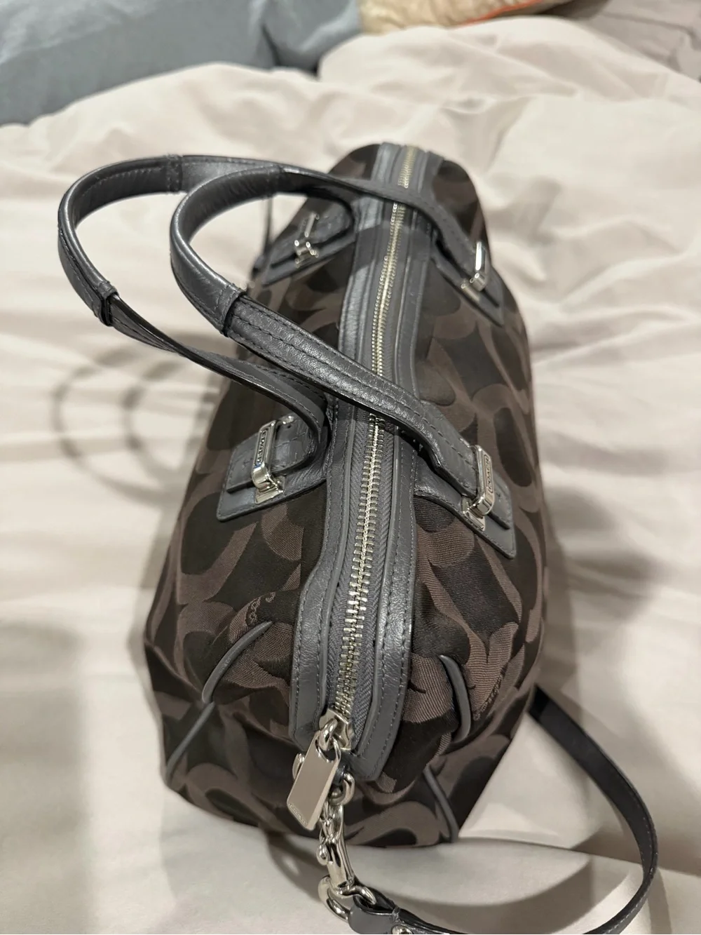 Coach Dark Brown Logo Satchel with Gray Trim